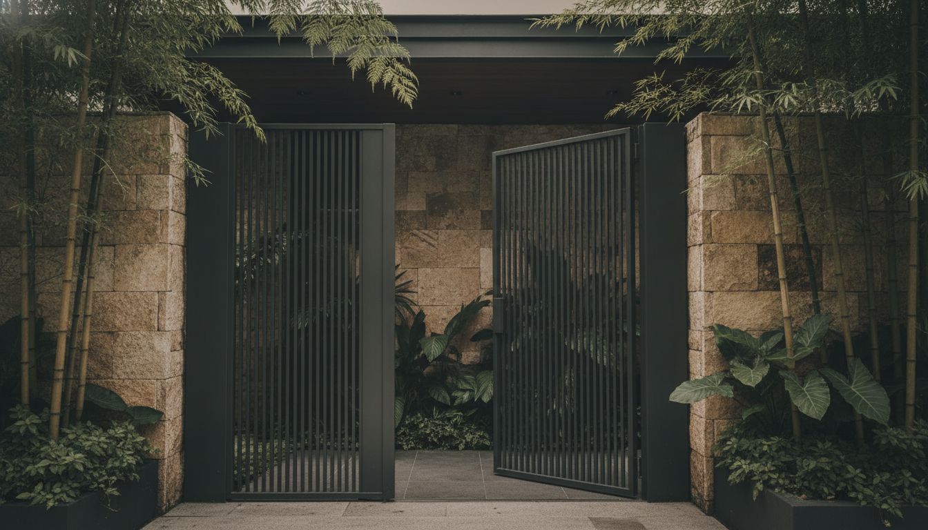 Architectural detail of a Singapore landed home entry gate and warm stone wall