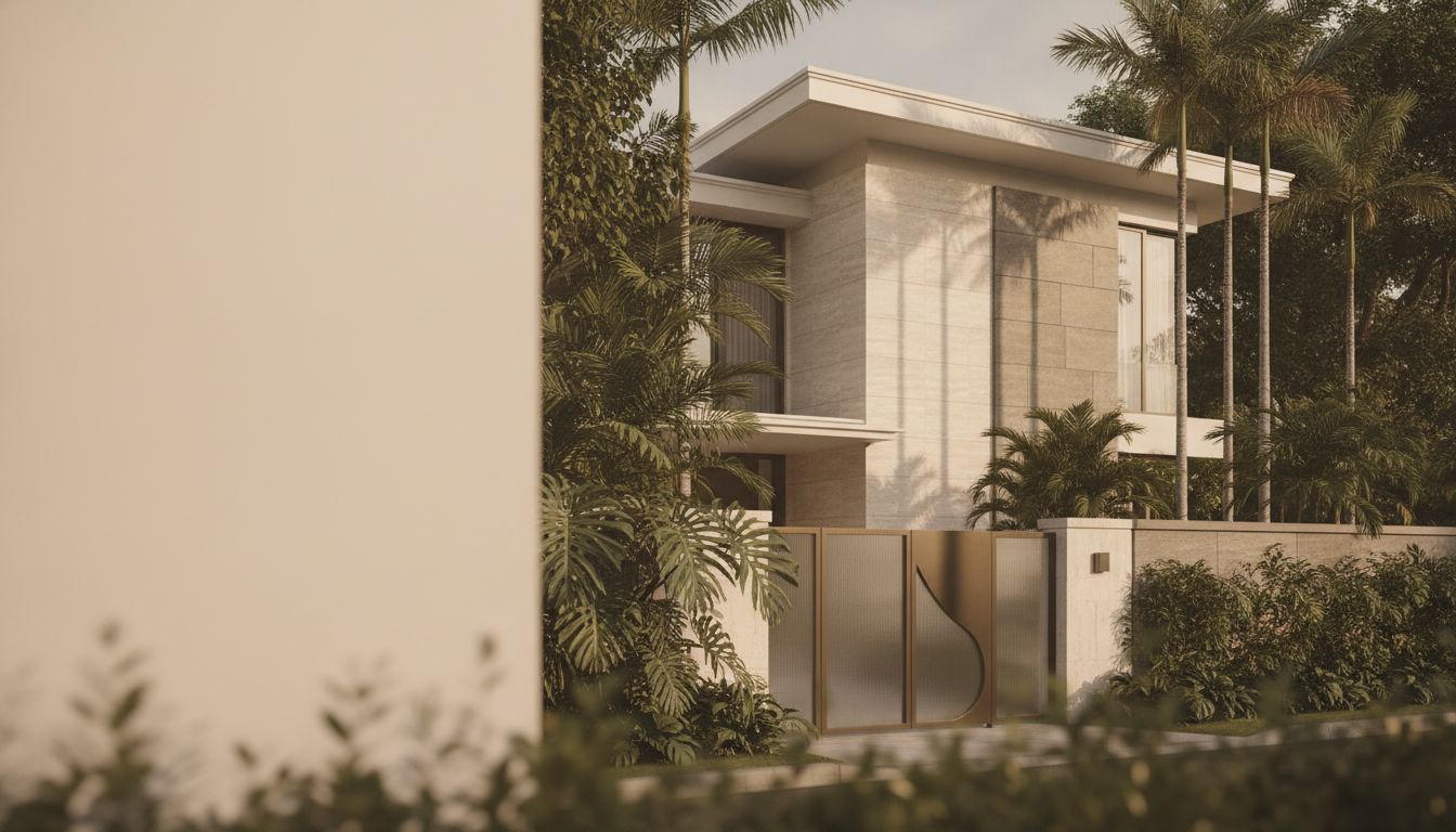 Contemporary District 10 landed home at golden hour framed by mature greenery and a modern entry gate