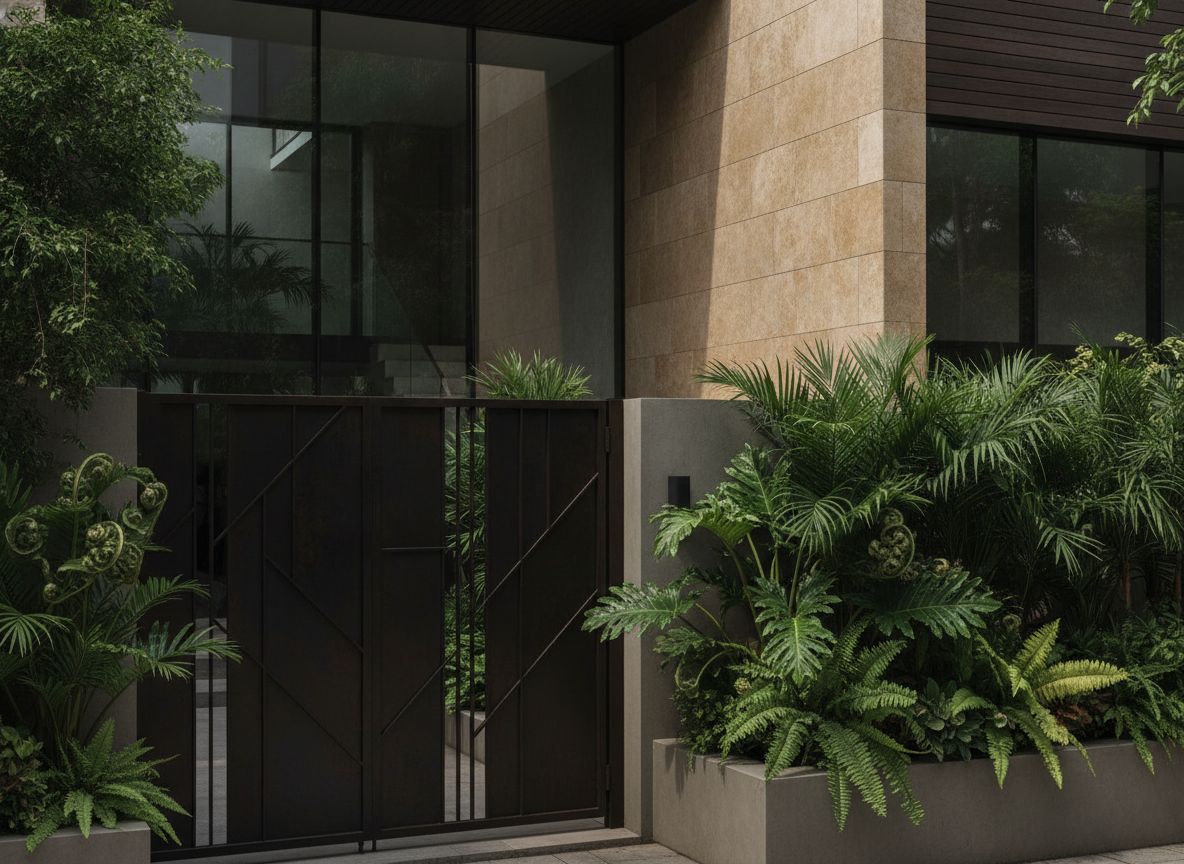 Contemporary Singapore landed home facade with entry gate and courtyard planting