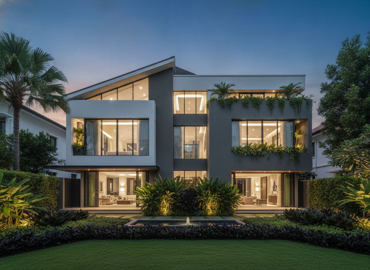 Contemporary landed house facade with tropical garden, representative of Namly