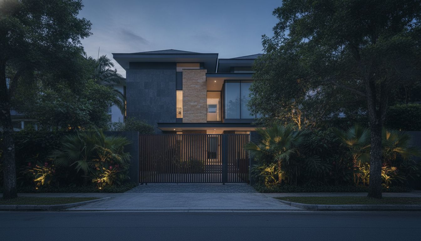 A contemporary District 10 landed home at golden hour, framed by mature greenery and a modern entry gate