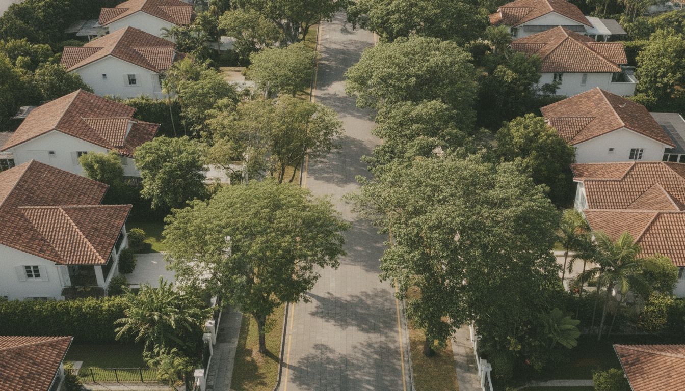 Editorial photograph of a tree-lined landed residential street near Lantana Avenue in Singapore District 10