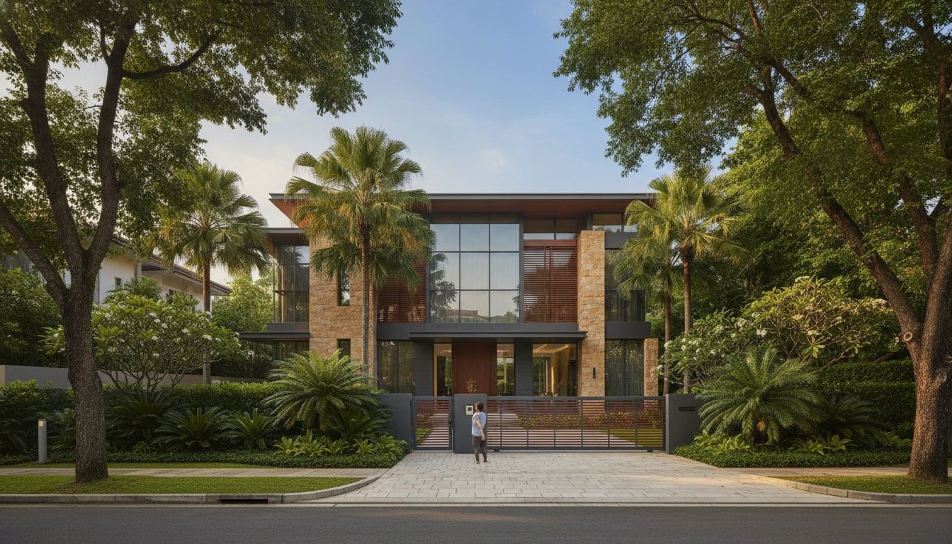 Modern Singapore landed home in District 10 with tropical landscaping and warm stone facade