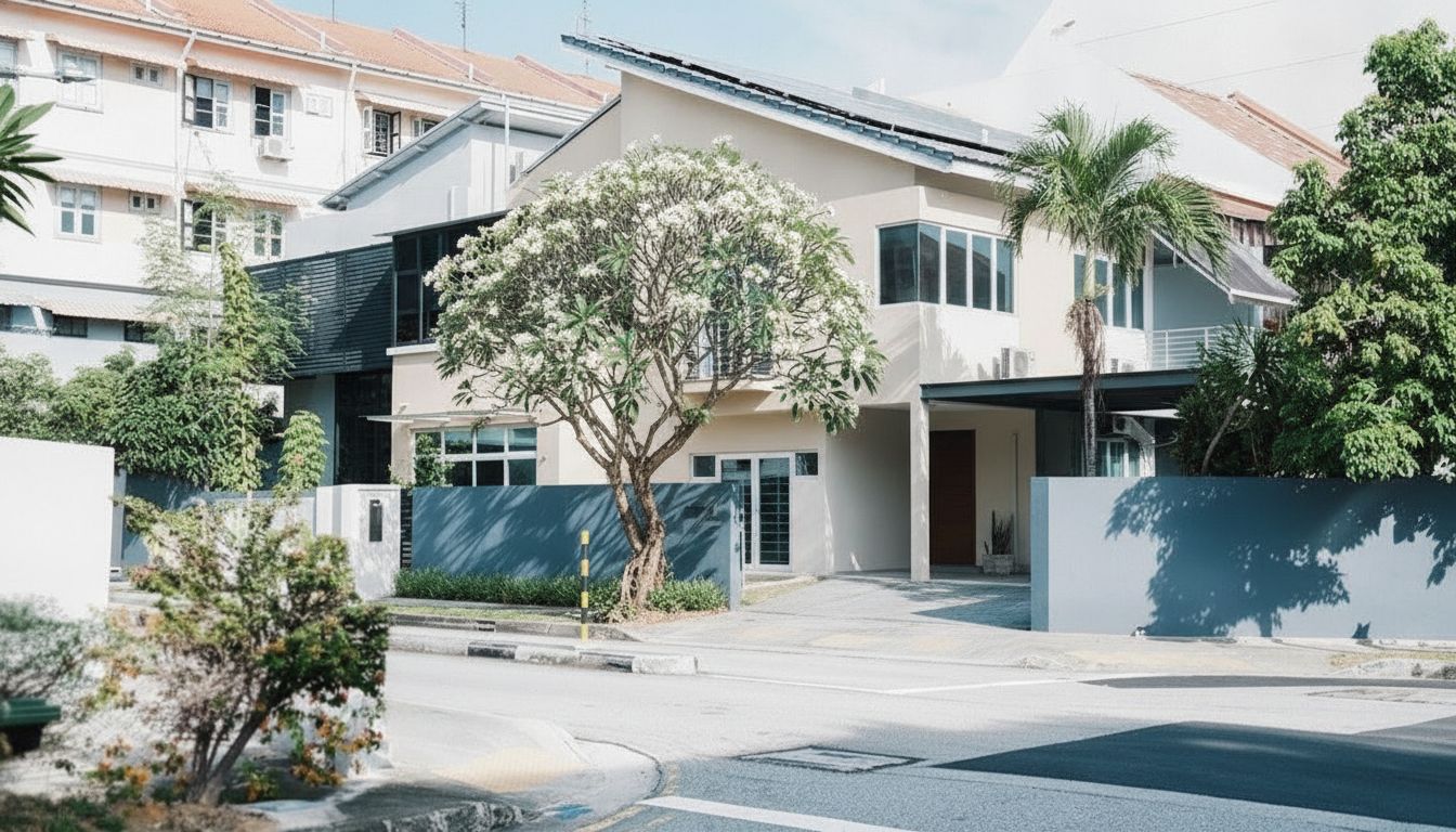 Modern Singapore landed house facade with landscaped front garden