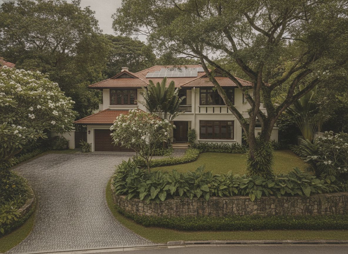 Quiet landed home along Namly Avenue with tropical landscaping and a cobblestone driveway