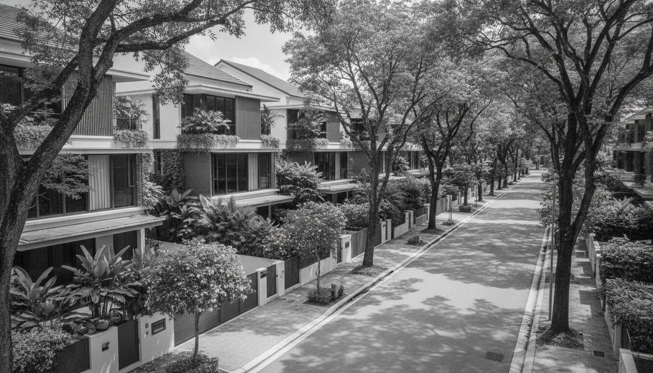 Singapore landed housing street with contemporary terrace homes and tropical landscaping