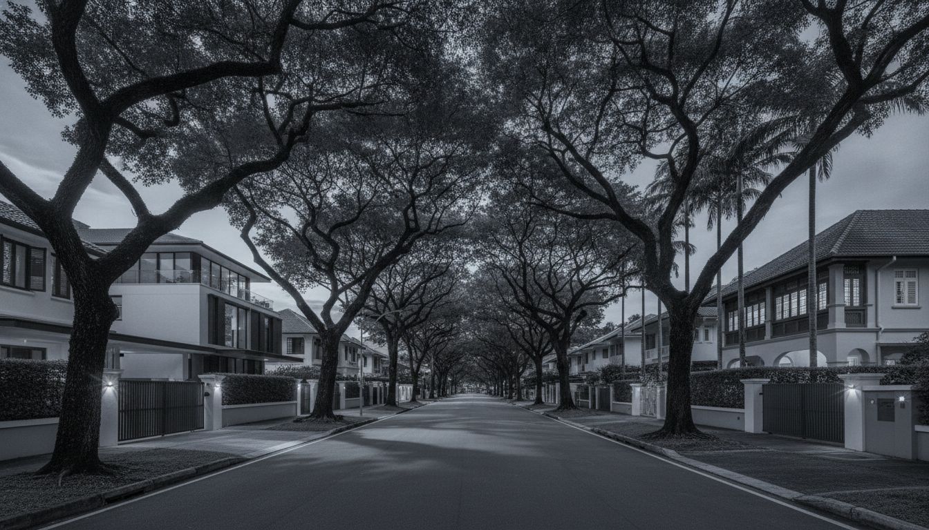Tree-lined District 10 landed residential street in Singapore