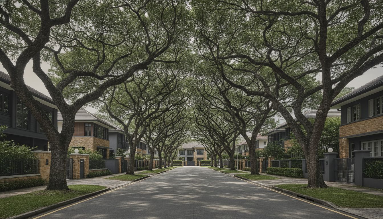 Tree-lined District 10 street with landed homes