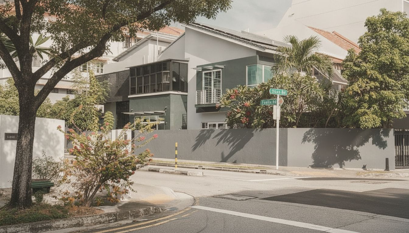 Tree-lined landed residential street in Singapore