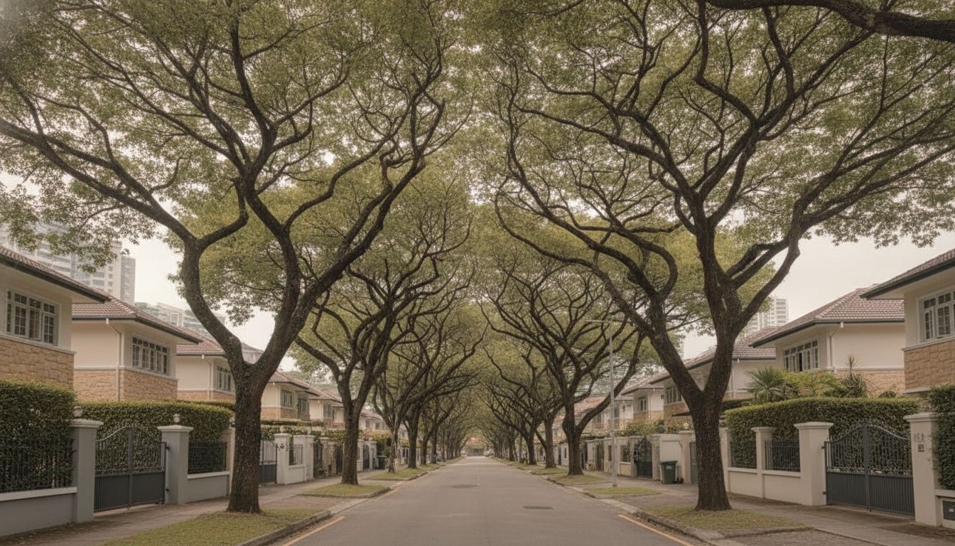 Tree-lined Namly street with landed homes under a mature canopy