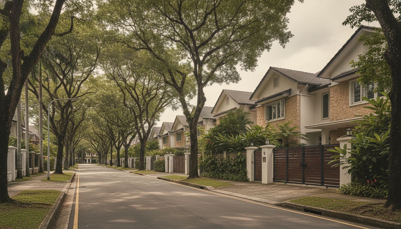 Tree-lined District 10 street showing varied landed homes