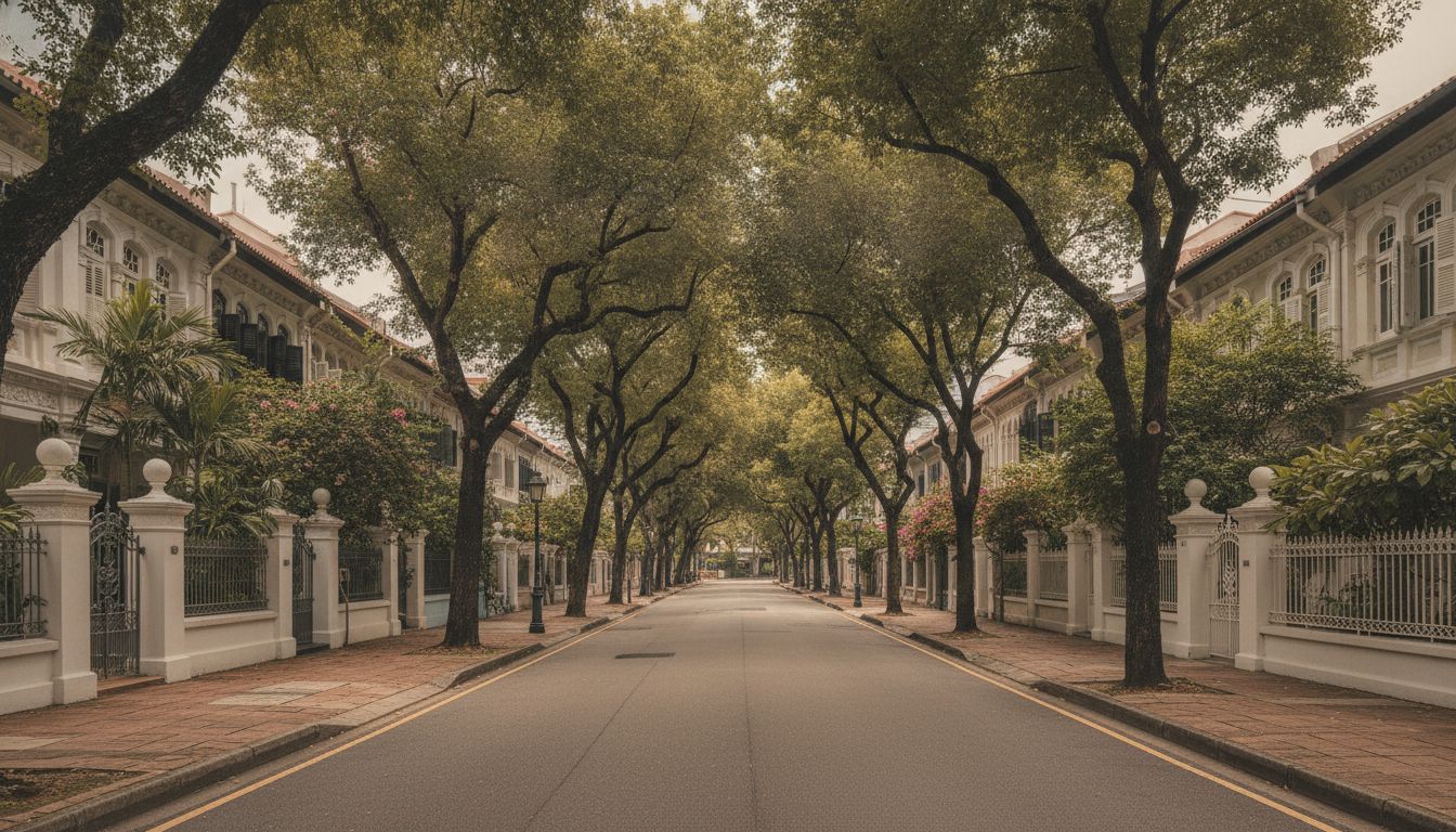 Tree-lined street of District 10 landed homes in Singapore